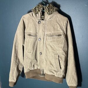 Vintage Split Hooded Bomber Jacket with Faux Fur